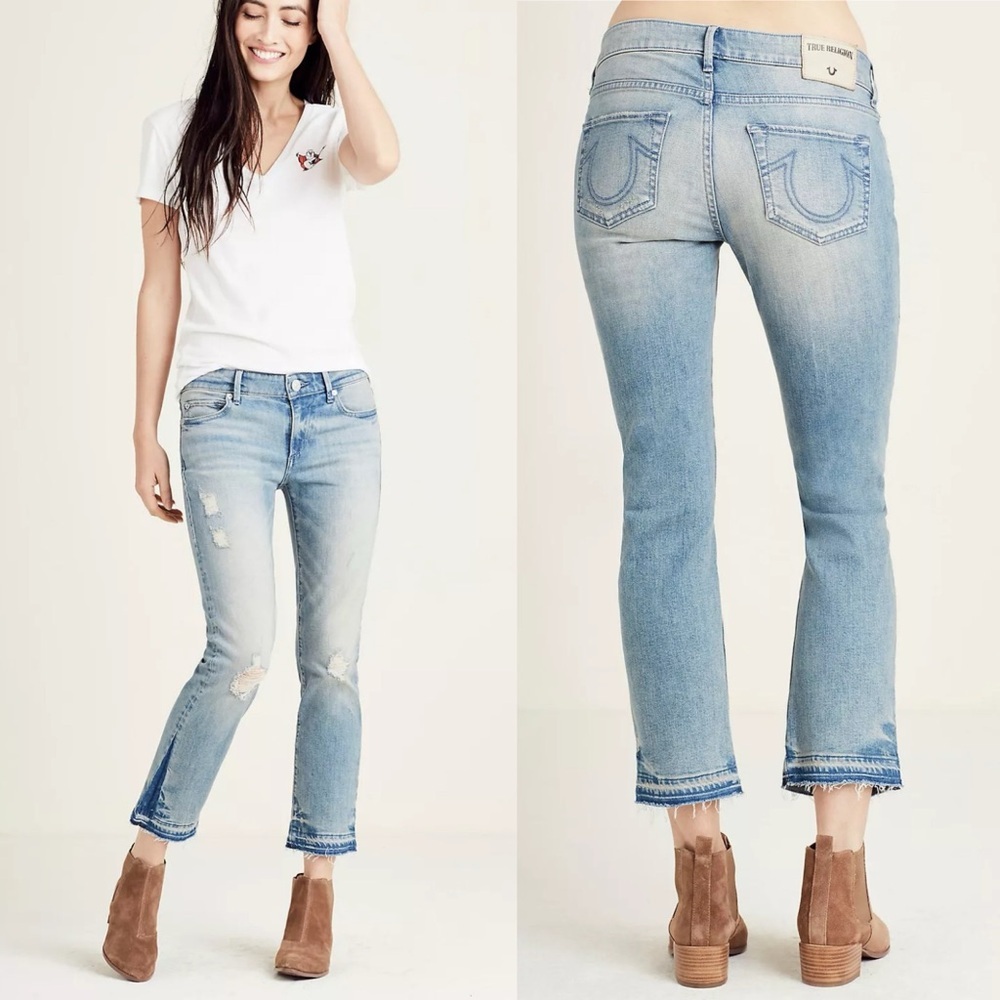 True Religion Cora Straight Crop Womens Jean Sz 30 Blue Mud Rise Distressed